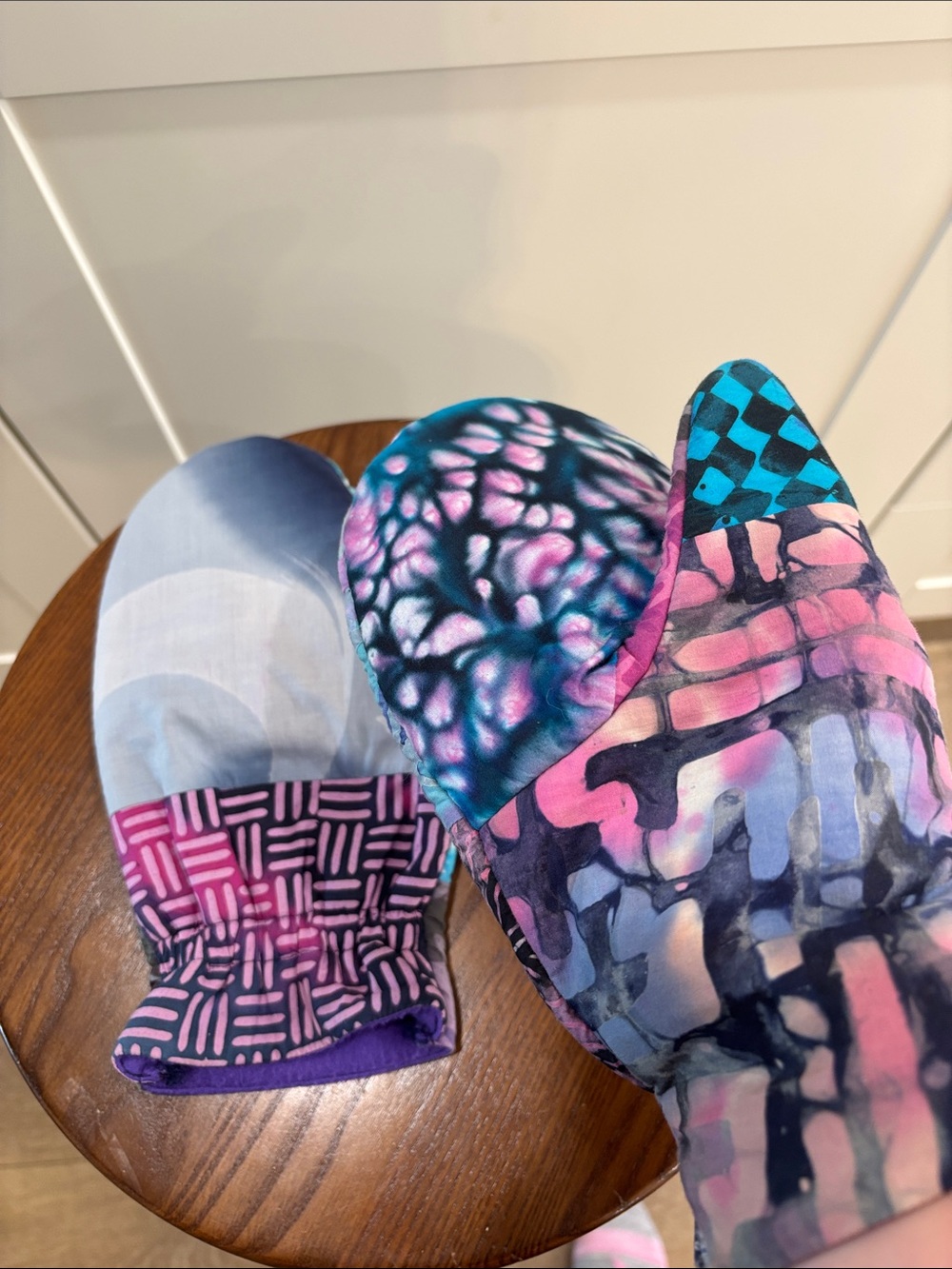 Handmade Patchwork Patterned Mittens in Pink & Blue